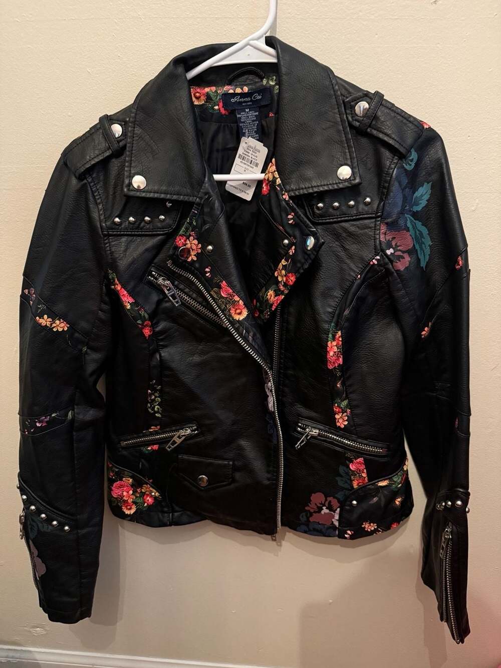 NWT Anna Cai New York Floral Print Studded Faux Leather Moto Jacket